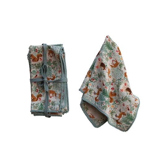 Hello Honey® 18" Multicolor Woodland Flora & Fauna Napkins with Pom Pom Trim, 4ct.